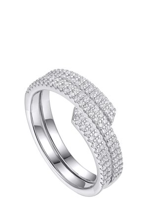 Silver band ring with two rows of small sparkling diamonds wrapped around its surface, featuring a modern overlapping design.