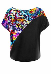 Short-sleeve top featuring a colorful tiger graphic on one side and a solid black fabric on the other, with a loose, relaxed fit.
