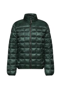 Donkergroene pufferjack met een glanzend, gewatteerd materiaal. Voorzien van een hoge kraag, rits aan de voorkant en elastische manchetten.