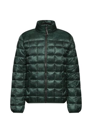 Tmavě zelená péřová bunda vyrobená z lesklého, prošívaného materiálu. Má vysoký límec, přední zip a elastické manžety.