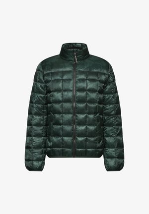 Tummanvihreä untuvapuku, joka on valmistettu kiiltävästä, tikatusta materiaalista. Ominaisuuksiin kuuluu korkea kaulus, vetoketjusuljenta ja joustavat hihansuut.