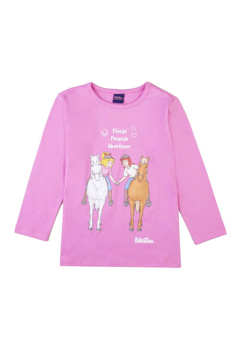 Maglietta a maniche lunghe rosa chiaro con due ragazze dei cartoni animati che si tengono per mano su cavalli, con il testo "Pferde Freunde Abenteuer" sopra.