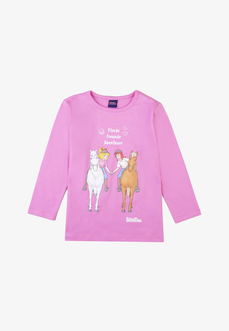 Helles rosa Langarmshirt mit zwei Cartoon-Mädchen, die auf Pferden Händchen halten, und dem Text "Pferde Freunde Abenteuer" darüber.