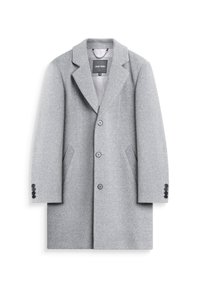 Cappotto grigio in misto lana con colletto a revers, tre bottoni frontali, tasche laterali e dettaglio a quattro bottoni sui polsini. Interno foderato.
