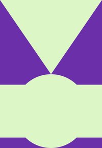 Zöld és lila geometriai mintázat, amely két nagy háromszöget és egy félkört ábrázol, dinamikus, mégis kiegyensúlyozott vizuális hatást keltve.