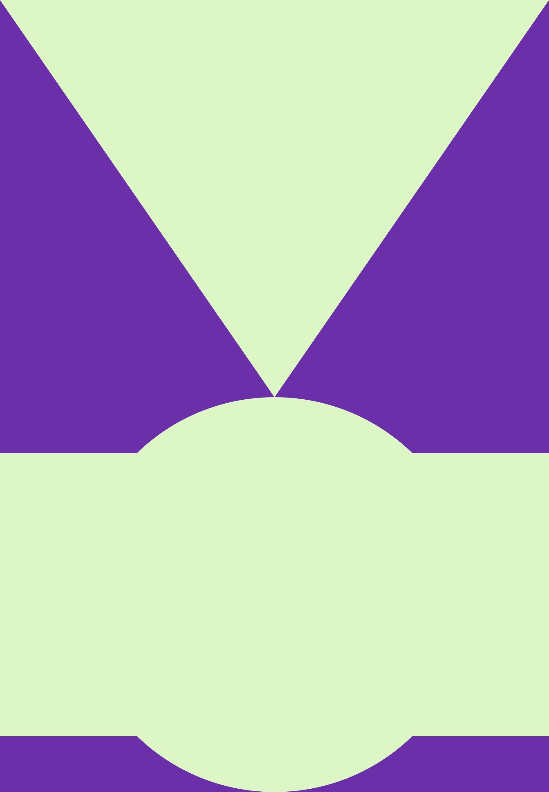 Grønt og lilla geometrisk mønster med to store trekanter og en halvcirkel, der skaber en dynamisk, men afbalanceret visuel effekt.