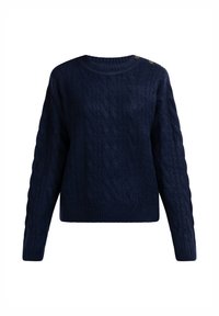 Pulover din lână tricotat cu model de cablu, de culoare bleu marin, cu mâneci lungi, guler și tiv cu detalii ondulate, și două butoane decorative pe umărul stâng.