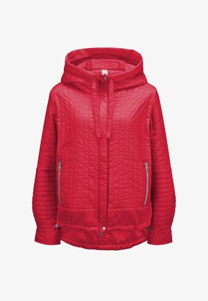 Rote Steppjacke mit Kapuze, ausgestattet mit einem Frontreißverschluss, Seitentaschen und strukturierten Ärmeln. Glatte Oberfläche mit Kordelzug in der Taille.