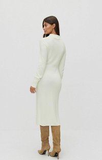 Robe en tricot de couleur crème clair avec une silhouette ajustée. Manches longues et col haut. Portée avec des bottes beiges jusqu'au genou. Texture lisse.