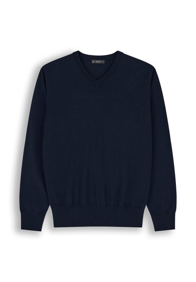 Pull bleu marine à manches longues avec col en V, poignets et ourlet côtelés, posé à plat sur fond blanc.