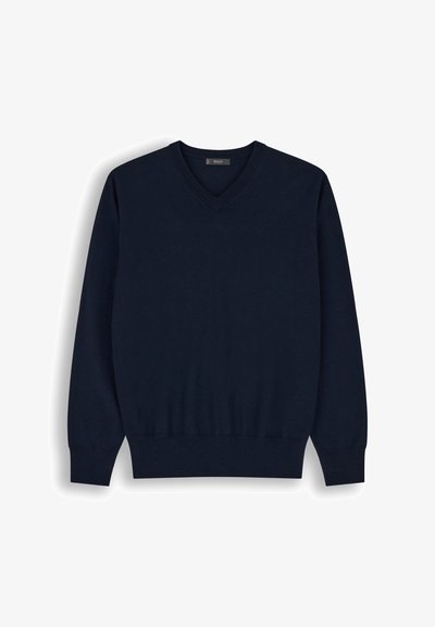Pull bleu marine à manches longues avec col en V, poignets et ourlet côtelés, posé à plat sur fond blanc.