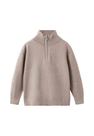 Pull-over en tricot beige avec un col montant et une fermeture éclair à moitié. Comprend des manches longues et une coupe décontractée. Texture douce et détails côtelés.