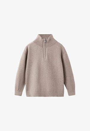 Beiger Strickpullover mit hohem Kragen und halb durchgehendem Reißverschluss. Mit langen Ärmeln und entspannter Passform. Weiche Textur und gerippte Details.