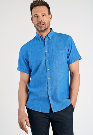 Kortärmelig, overhemd met knopen van lichtblauwe stof met een subtiele textuur, voorzien van een borstzak en contrasterende knopen.