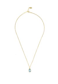 Goldkette mit einem tropfenförmigen, hellblauen Steinanhänger, der in einer goldenen Fassung eingesetzt ist, und einem verstellbaren Verschluss.