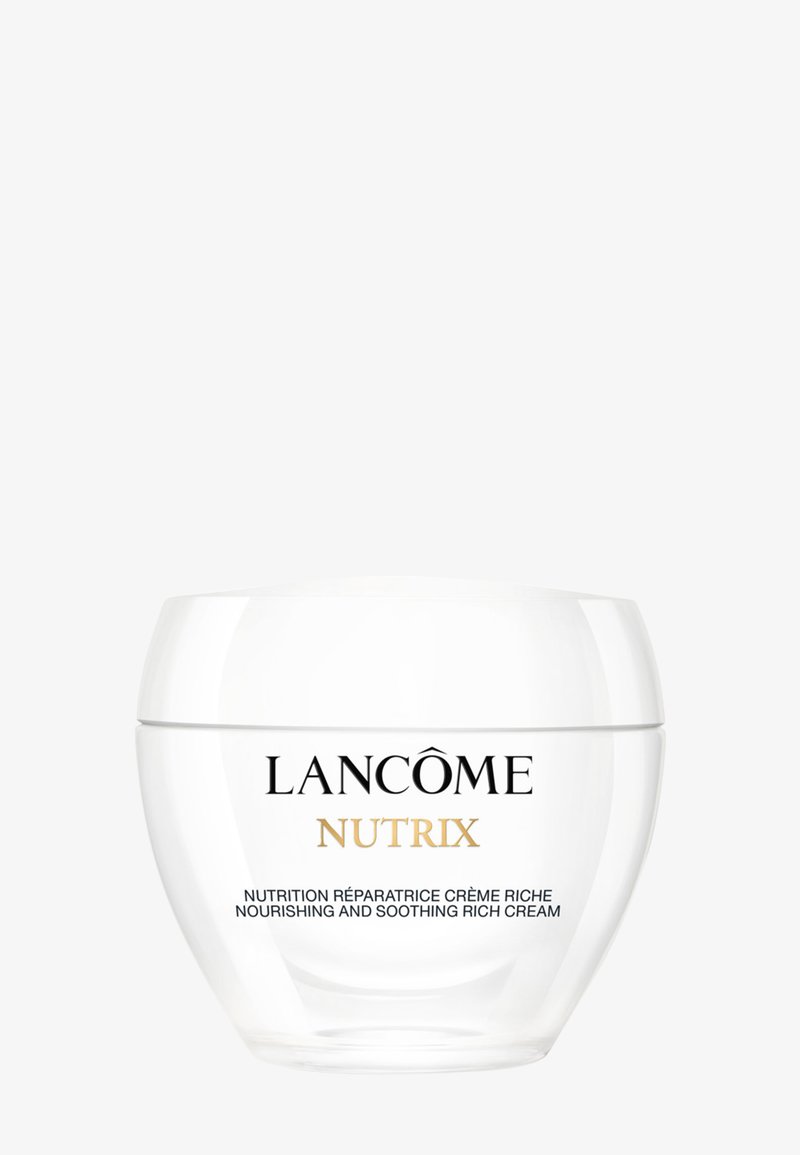Crème riche nourrissante et apaisante Nutrix de Lancôme dans un pot rond blanc avec texte noir et or sur un fond uni.