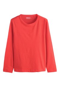 Chemise à manches longues, col rond, de couleur rouge vif unie avec une texture lisse, unie, sans motifs ni ornements apparents.