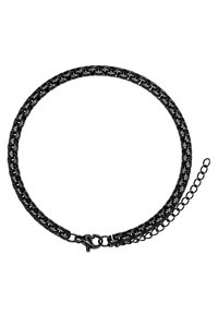 Collana a catena nera con anelli intrecciati, caratterizzata da una finitura texturizzata e una chiusura a moschettone. Include un'estensione della catena regolabile.