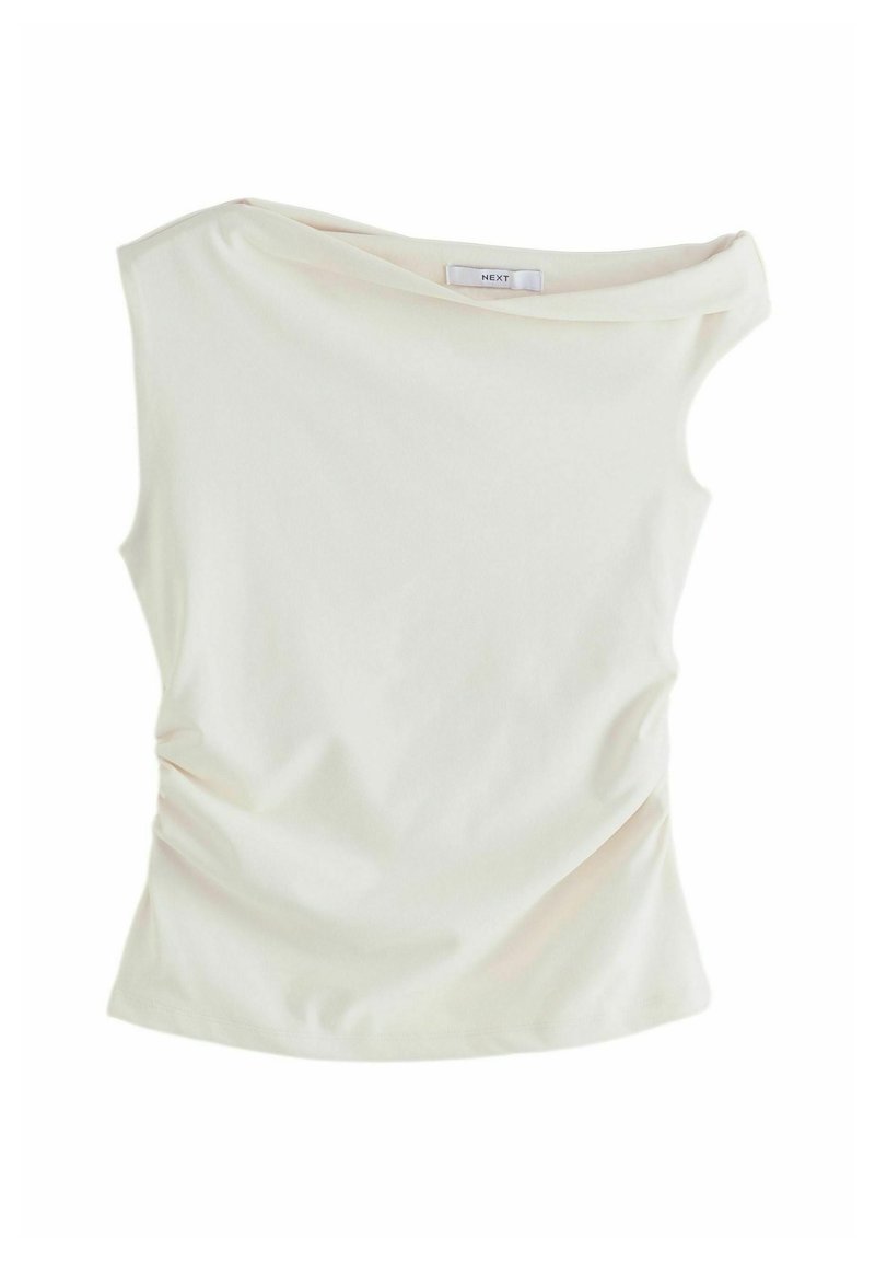 Top sans manches en crème clair avec un décolleté asymétrique, une texture douce et des détails froncés sur le côté pour une silhouette ajustée.