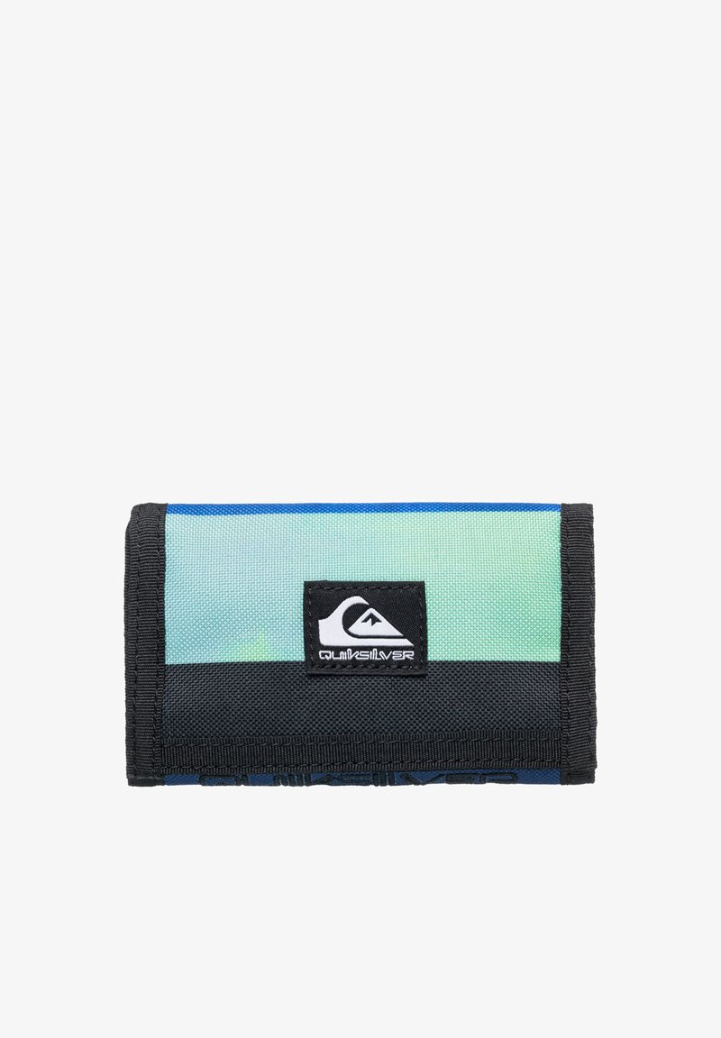 Peněženka Quiksilver má modro-zelený textilní design s černými akcenty a logem. Má hladkou texturu a skládací tvar.