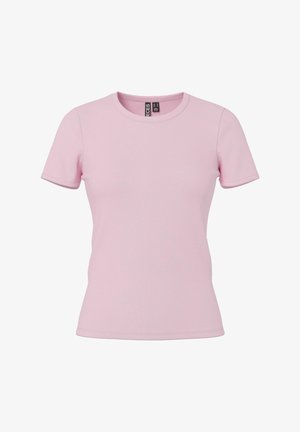 T-shirt rose clair à manches courtes, texture côtelée, encolure ronde, design ajusté, sans motifs visibles, bords nets avec coutures cousues.