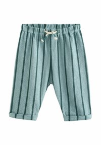 Light blue terry cloth shorts with dark green vertical stripes, elastic waistband, and a cream drawstring. Cuffed hem at the bottom.