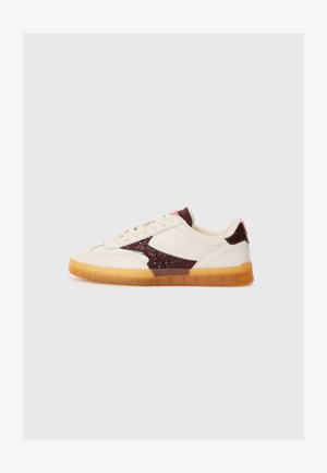 Low-top sneakers with a cream leather upper, burgundy glitter accent, and translucent gum sole. Features matching laces and stitching.