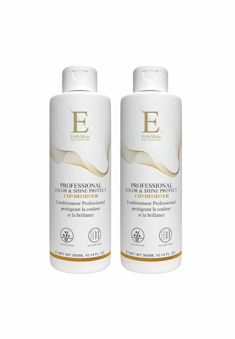 Two white bottles of Erth Skin London Professional Color & Shine Protect Conditioner, each 300ml, for healthy hair and all hair types.