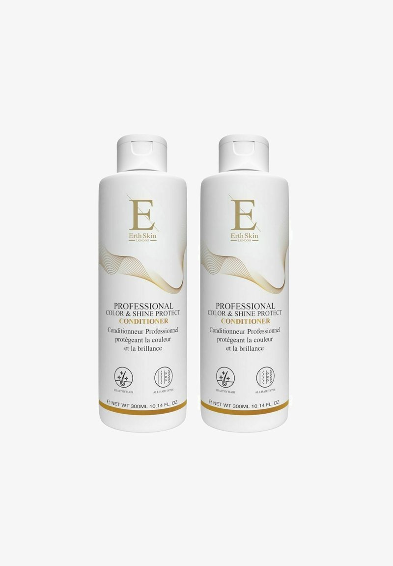 Two white bottles of Erth Skin London Professional Color & Shine Protect Conditioner, each 300ml, for healthy hair and all hair types.