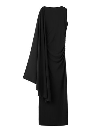 Vestido midi negro sin mangas con detalle de tela drapeada sobre un hombro y fruncido recogido en un lado.
