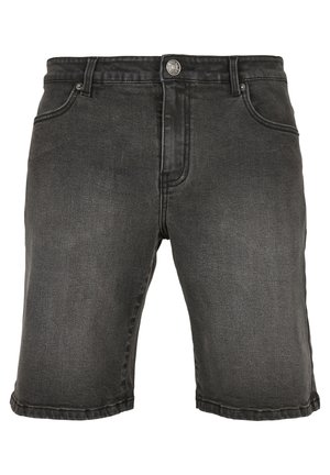 Full-length black denim shorts with a classic five-pocket design, featuring a button closure and a frayed hem with visible stitching details.