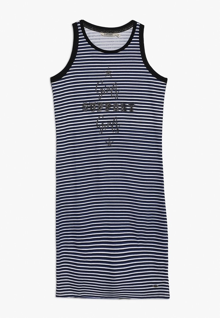 Vestido sin mangas a rayas en tela azul marino y blanca. Presenta un cuello redondo, texto gráfico prominente en negro y una silueta ajustada.