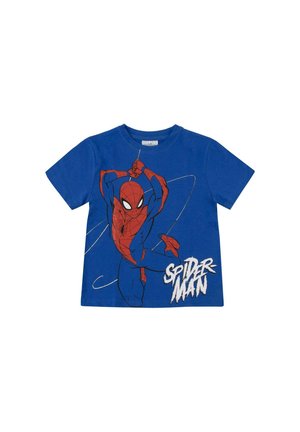 Blaues Kinder-T-Shirt mit kurzen Ärmeln mit Spider-Man, der an einem Netz schwingt, und weißem Spider-Man-Schriftzug auf der Vorderseite.