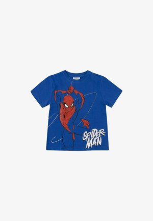 Blaues Kinder-T-Shirt mit kurzen Ärmeln mit Spider-Man, der an einem Netz schwingt, und weißem Spider-Man-Schriftzug auf der Vorderseite.