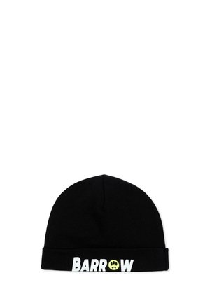 Gorro negro con borde doblado que presenta el texto "BARROW" y una pequeña cara sonriente verde con huellas de patas en lugar de la letra O.