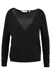 Czarny sweter z kopertowym fasonem, z koronkowym wykończeniem na dekolcie w kształcie V i przezroczystą warstwą pod spodem. Długie rękawy i ściągacze z prążkowanej dzianiny.