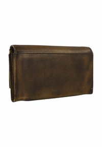 Billetera de cuero marrón con textura suave, forma rectangular y sutiles marcas de desgaste, con bordes cosidos y sin hardware visible.