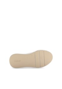 White rubber shoe sole with beige textured inlays. Features ridged lines for grip and subtle branding on the surface.