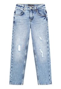 Jeans in denim blu chiaro con design a gamba dritta. Presentano dettagli strappati e cinque tasche. Finitura con una chiusura a bottone classica.