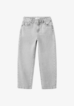 Jean en denim gris avec une coupe droite, cinq poches et une fermeture à bouton. Le tissu présente une légère texture et un effet délavé.