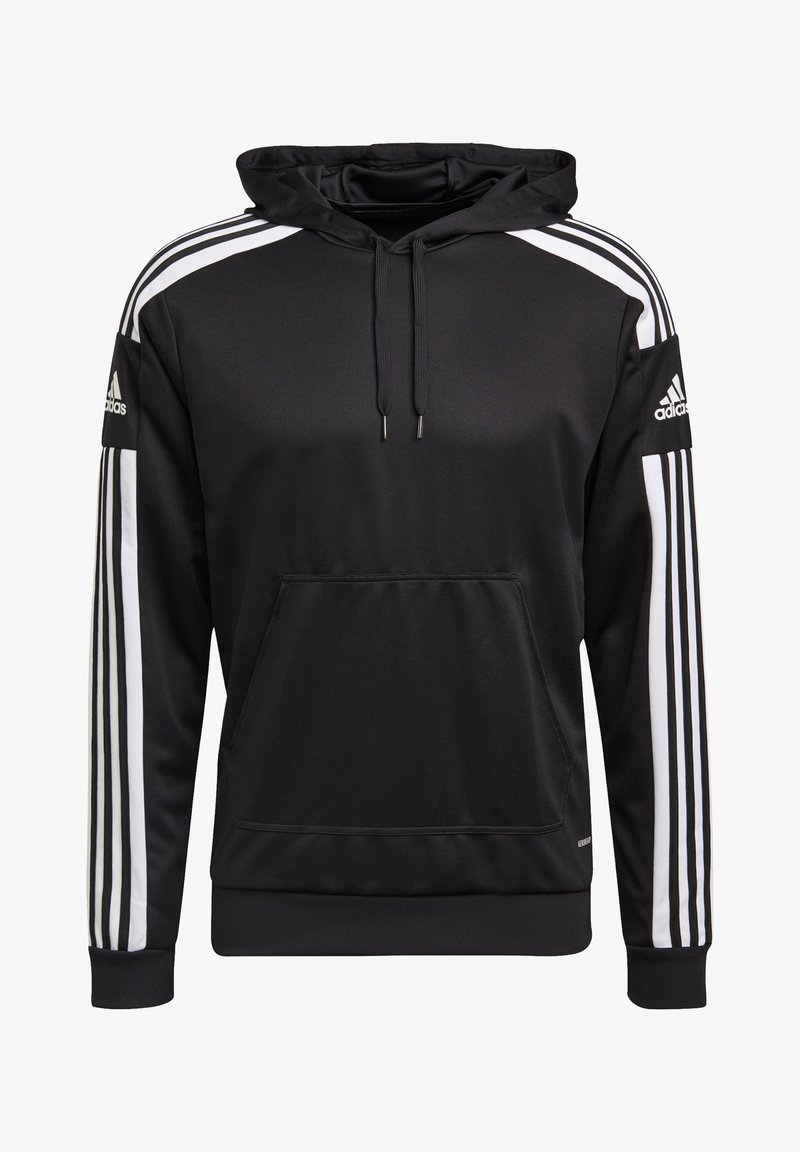 Zwarte hoodie gemaakt van een gladde stof, met witte diagonale strepen op de mouwen, een voorzak en een trekkoordcapuchon.