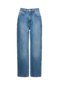 Sinised sirged teksad, millel on ees taskud, vöökohad ja nööpidega sulgemine valgel taustal.