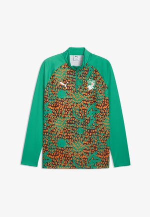 Groen sportshirt met lange mouwen, een bruin en oranje patroon aan de voorkant, halve rits, Puma-logo en het voetbalembleem van Ivoorkust op de borst.