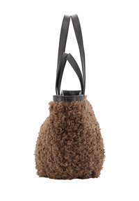 Brown textured handbag with curly material, complemented by black leather straps. The design features a rounded shape with a sturdy base.