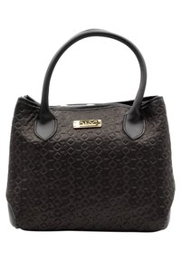 Czarna torba na ramię z wytłoczonym wzorem w diamenty, podwójnymi rączkami na górze i złotą tabliczką z logo. Gładka tekstura z kontrastującymi ciemnymi akcentami.