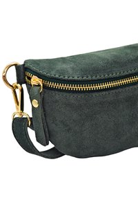 Sac en daim vert avec une fermeture éclair et des accessoires en or, doté une petite sangle en boucle et d'une texture lisse. Forme ovale compacte avec des bords arrondis.