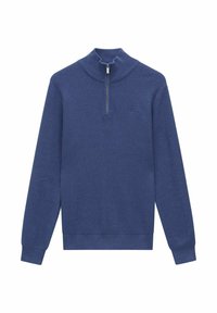 Marinblå tröja med ett strukturerat stickat mönster, hög krage och en kort dragkedja. Har långa ärmar och ribbat nederkant och ärmslut.