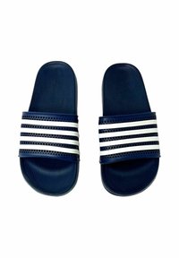 Infradito blu navy in gomma, con suola testurizzata e tre strisce orizzontali bianche sulla cinghia. Finitura della superficie liscia.