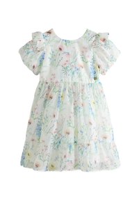 Blumenkleid für Mädchen aus leichtem Stoff, mit Puffärmeln, gestuftem Design, Pastellfarben und verschiedenen Blumenmustern.
