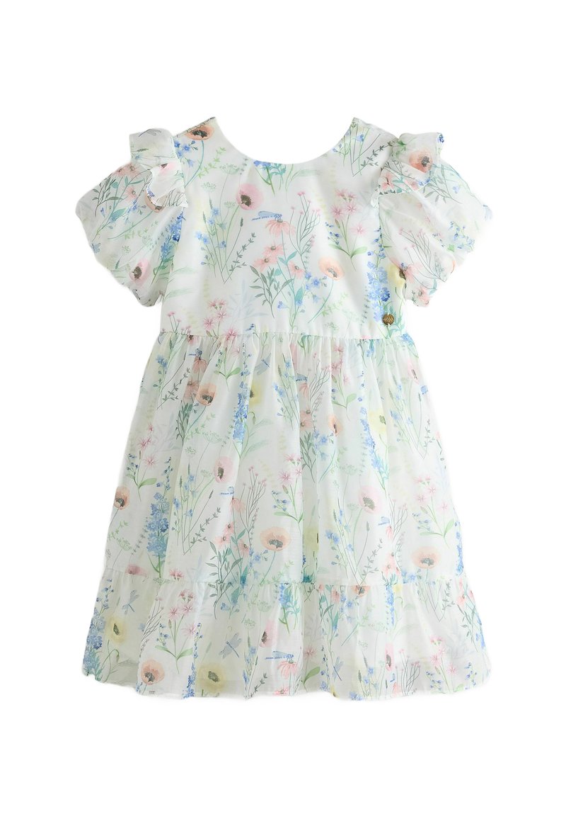 Blumenkleid für Mädchen aus leichtem Stoff, mit Puffärmeln, gestuftem Design, Pastellfarben und verschiedenen Blumenmustern.